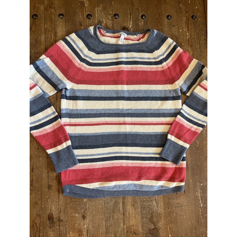 LL Bean Cotton Red Blue Cream Striped Knit Pullover Sweater Women’s Medium